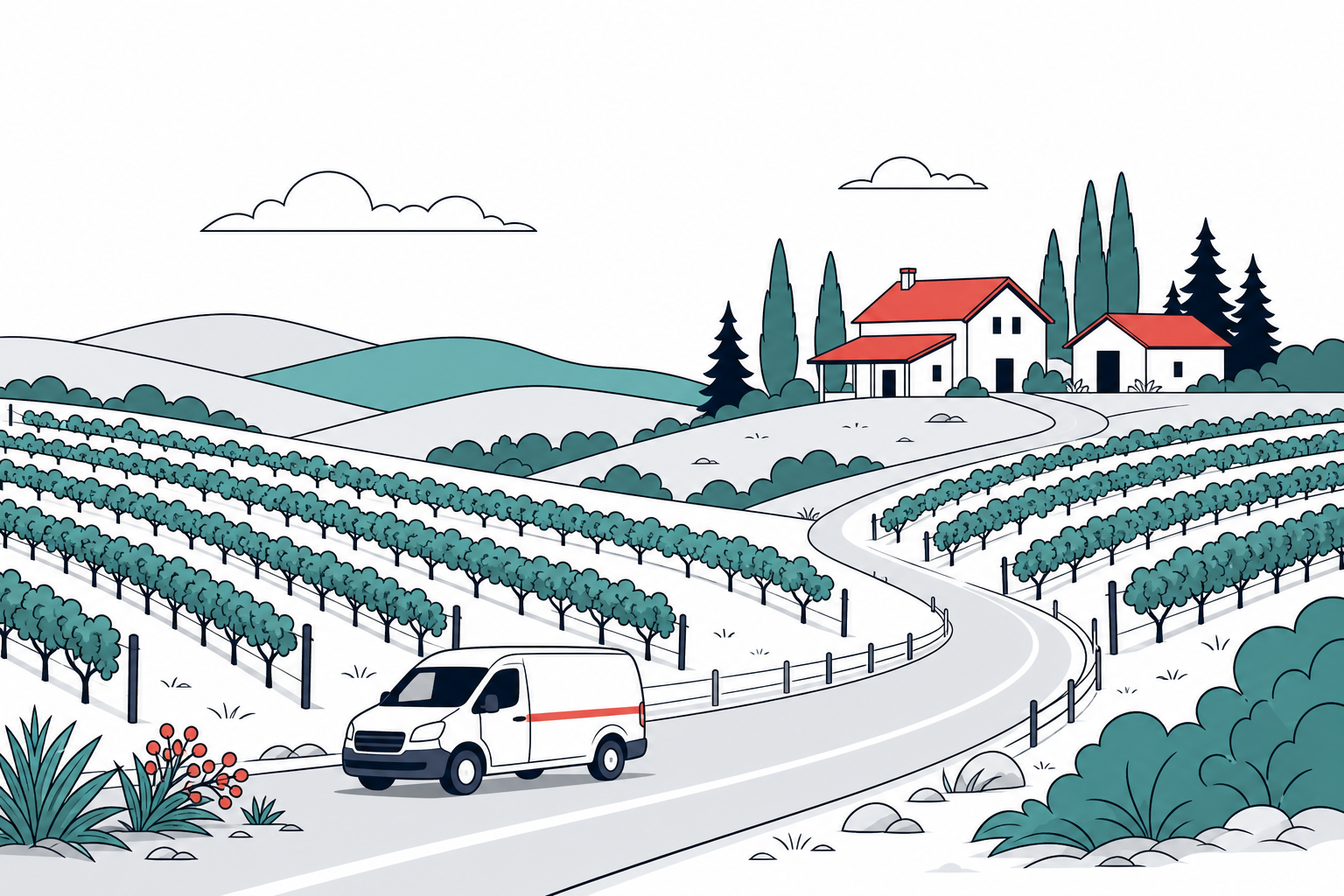 Illustration of Newberg, Oregon with a Sherwood Plumbing service van
