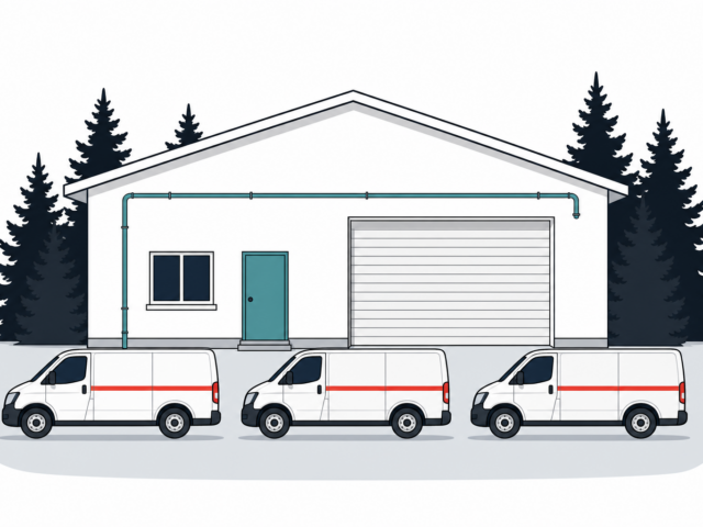 Illustration of the Sherwood Plumbing shop with three service vans parked out front
