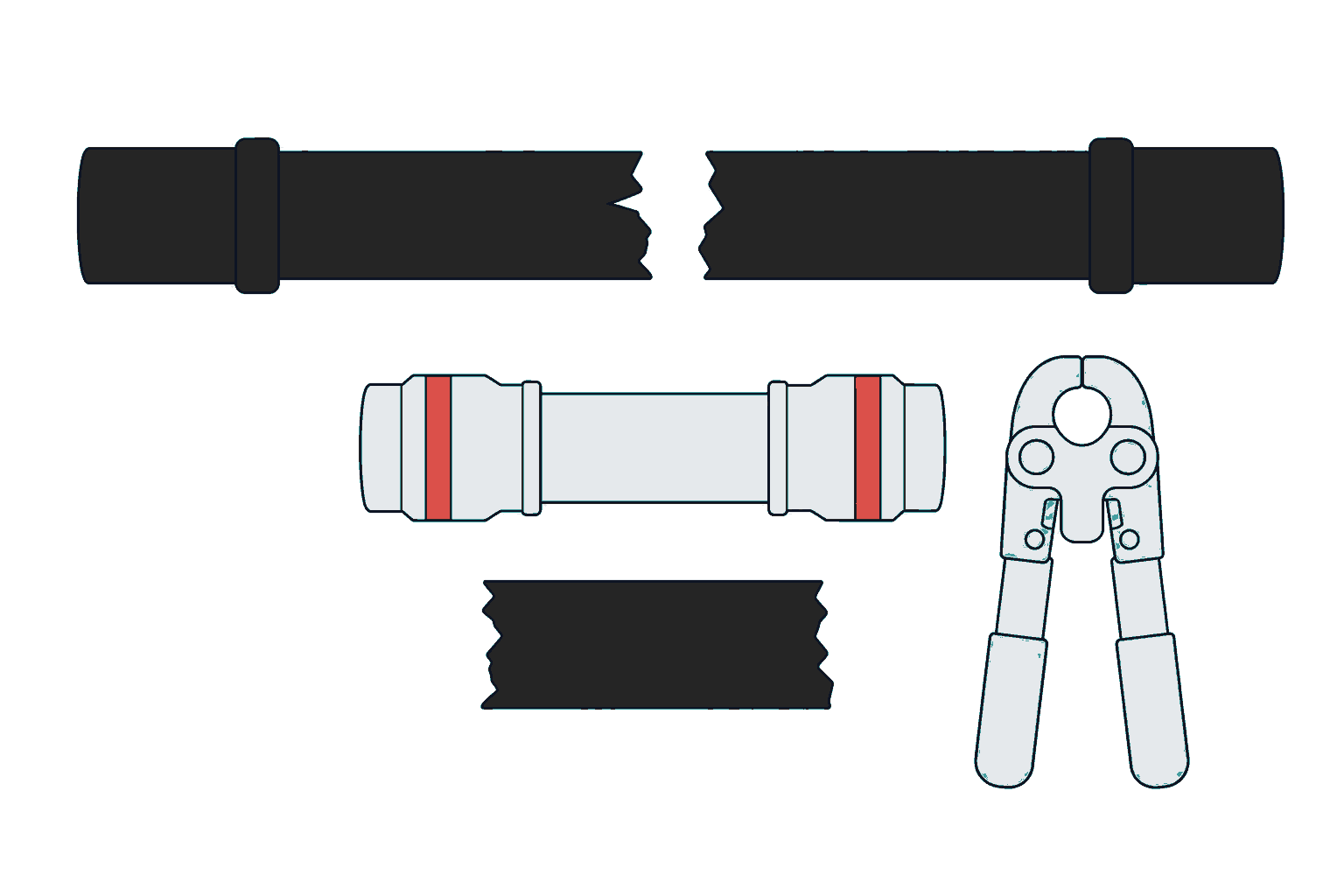 Burst pipe press-fitting repair illustration